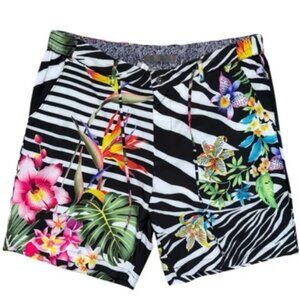 NWT Robert Graham Swim Shorts Mens Size 38 Black Floral Zebra Print 8" Inseam